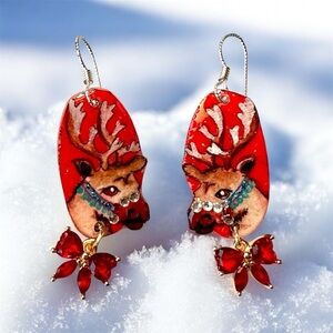 Red reindeer Christmas earrings handmade painted sterling crystal bows OOAK